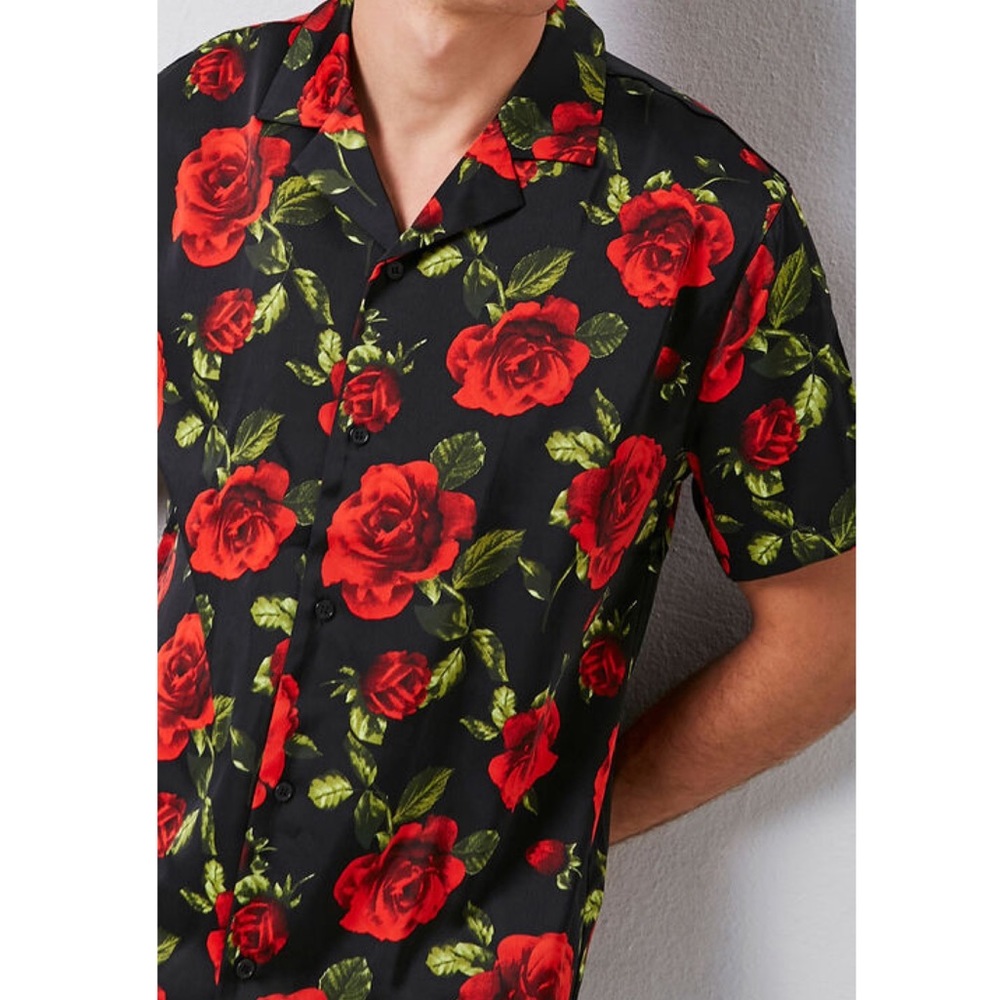 š¹VALENTINES CLASSIC FIT SATIN ROSE PRINT SHIRT - Picture 2 of 5
